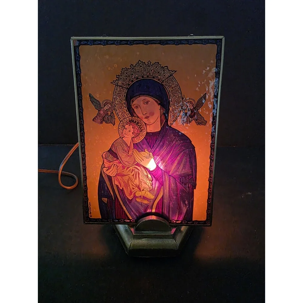Vintage Our Lady Perpetual Help Backlit Night Light Altar Lamp Madonna Child Pla